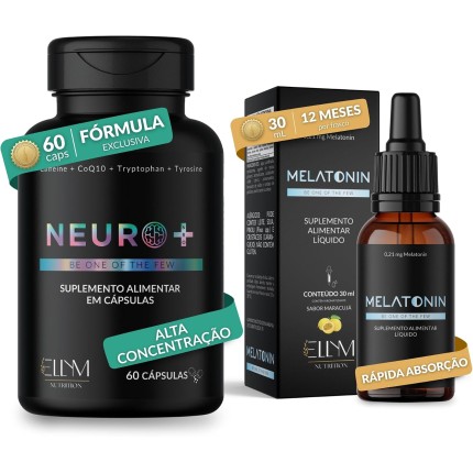 Kit Neuro+ Nootropico + Melatonina Gotas Sublingual ELLYM NUTRITION Multivitaminico Dia e Noite Triptofano Taurina Vitamina B12