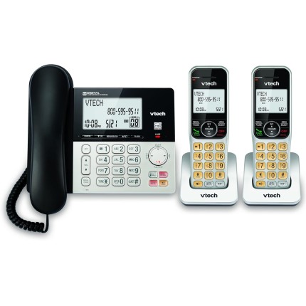 VTech VG208-2 DECT 6.0 2 telefones com fio/sem fio para casa com secretária eletrônica, bloqueio de chamadas, identificador de chamadas, visor retroiluminado grande, viva-voz duplex, interfone,