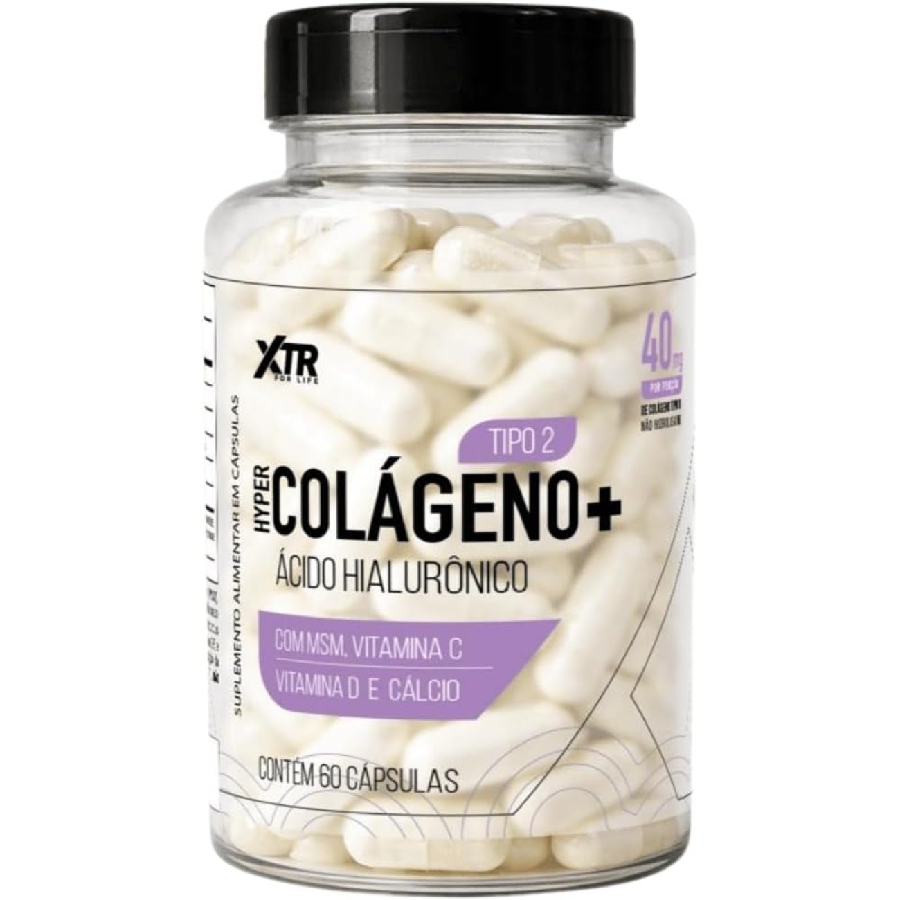 XTR For Life Hyper Colágeno+ Tipo 2 com Ácido Hialurônico, MSM, Vitamina C, Vitamina D e Cálcio, 60 Cápsulas