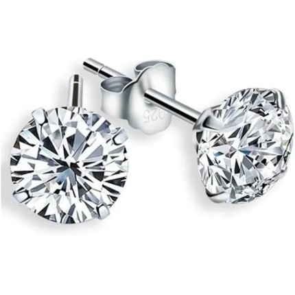 Brinco Feminino com Prata 6mm Zircônia Brilho Eterno Par de Brincos Solitários Pedra Redonda Joia Minimalista Moderna e Elegante
