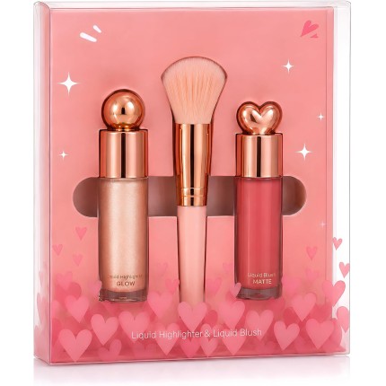 Kit Blush Líquido Matte + Iluminador Glow com Pincel Facial de Cerdas Macias | Efeito Glow Natural, Acabamento Rosé Gold