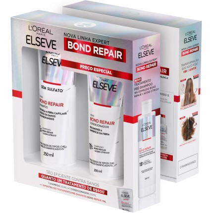 L'Oréal Paris Elseve Bond Repair Kit Reparação Molecular com Ácido Cítrico para Cabelos Danificados, Reconstrói Ligações e Devolve Força (Shampoo + Condicionador + Sachê Pré-Shampoo)