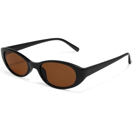 Óculos de Sol Retrô Oval Feminino 90s – Estilo Gatinho Chic, Armação Preta e Lente Marrom, Proteção UV400, Leve e Confortável