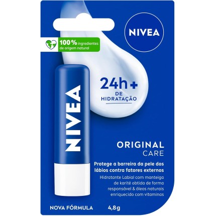 NIVEA Hidratante Labial Original Care 4,8g, Hidratação Intensa 24h, Protege contra Ressecamento, Cuidado Diário, Manteiga de Karité