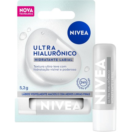NIVEA Hidratante Labial Ultra Hialurônico 5,2g, Hidratação Profunda 24h, Lábios Macios, Ácido Hialurônico, Efeito Volume Imediato